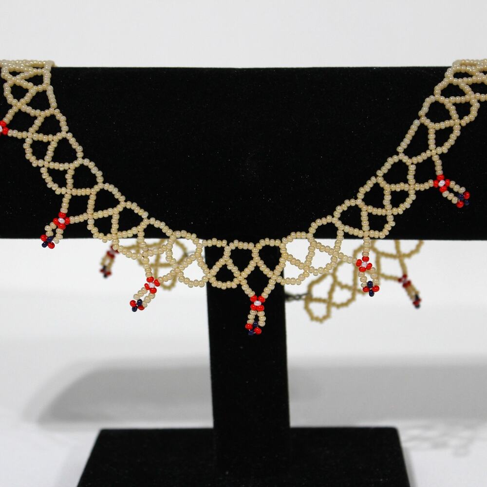 Handmade Collar Length Beaded Necklace Cream & Red